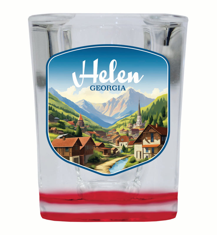 Helen Georgia Town in Mountains Design Souvenir 2 Ounce Shot Glass Square Red Base 2-Pack