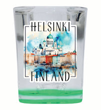 Load image into Gallery viewer, Helsinki Finland Watercolor Helsinki Cathedral Design Souvenir 2 Ounce Shot Glass Square Green Base 2-Pack
