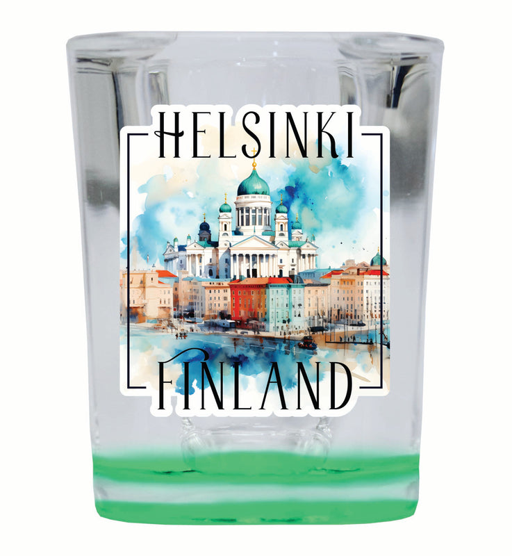 Helsinki Finland Watercolor Helsinki Cathedral Design Souvenir 2 Ounce Shot Glass Square Green Base 2-Pack
