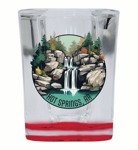 Hot Springs Arkansas Waterfall Illustration Design Souvenir 2 Ounce Shot Glass Square Red Base 4-Pack