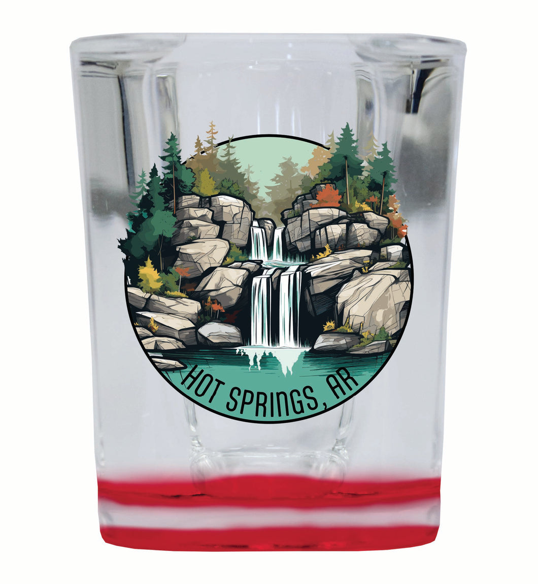 Hot Springs Arkansas Waterfall Illustration Design Souvenir 2 Ounce Shot Glass Square Red Base 4-Pack