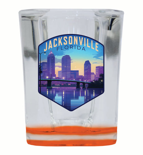 Jacksonville Florida Evening Cityscape Design Souvenir 2 Ounce Shot Glass Square Orange Base 4-Pack