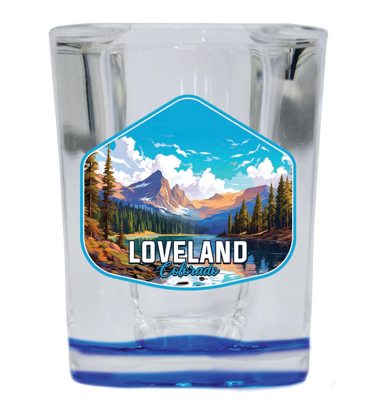 Loveland Colorado Souvenir 2 oz Blue Shot Glass Round or Square Blue