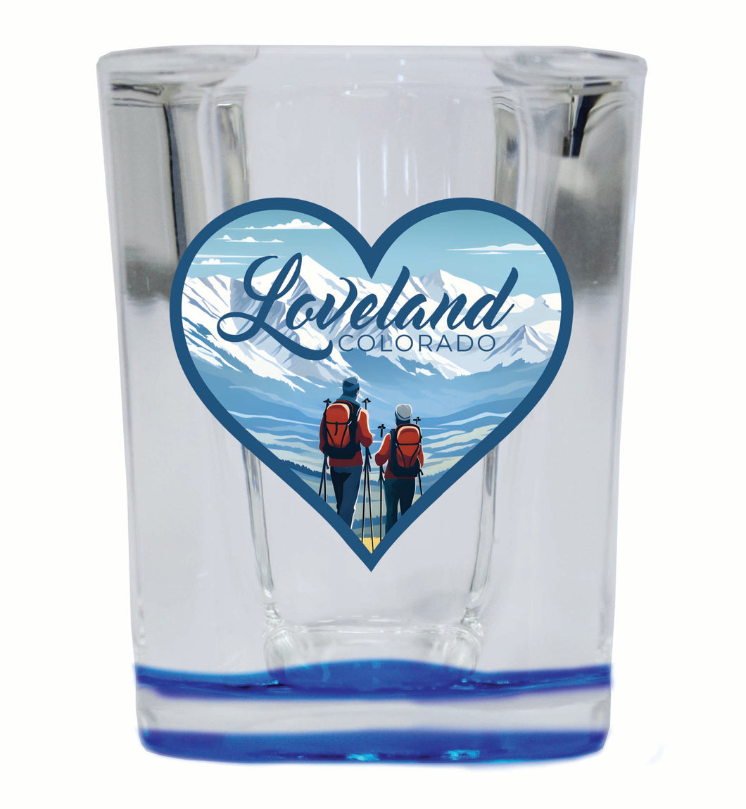 Loveland Colorado Ski Love Design Souvenir 2 Ounce Shot Glass Square Blue Base 2-Pack