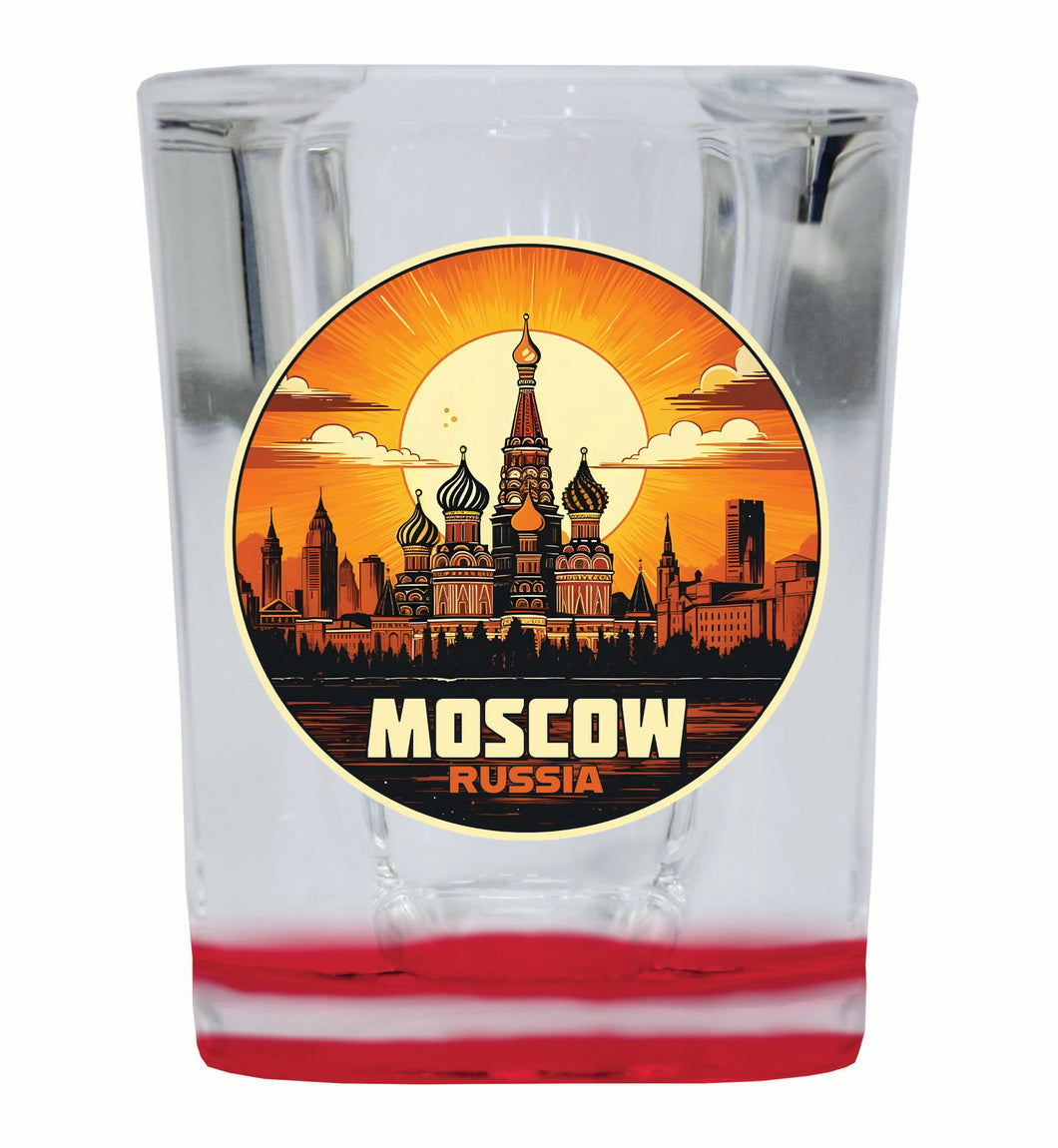 Moscow Russia Saint Basil's Cathedral Sunset Design Souvenir 2 Ounce Shot Glass Square Red Base 2-Pack