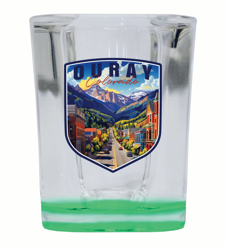 Ouray Colorado Town Design Souvenir 2 Ounce Shot Glass Square Green Base 2-Pack