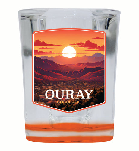 Ouray Colorado Mountain Sunset Design Souvenir 2 Ounce Shot Glass Square Orange Base Single