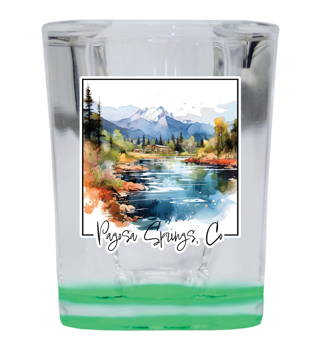 Pagosa Springs Colorado Design A Souvenir 2 Ounce Shot Glass Square Green Base 2-Pack