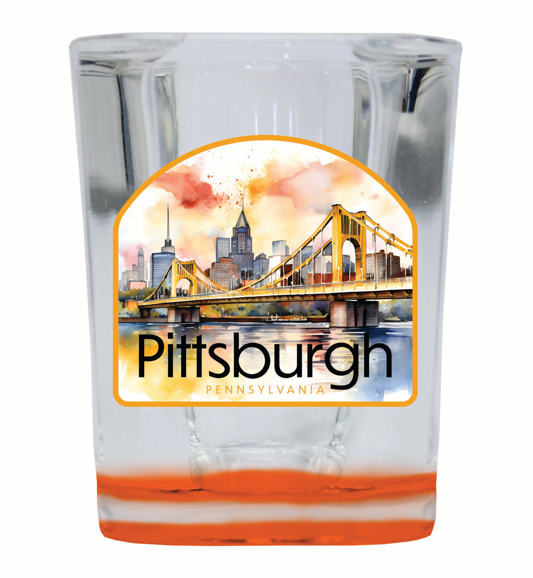 Pittsburgh Pennsylvania Yellow Bridge Design Souvenir 2 Ounce Shot Glass Square Orange Base 2-Pack