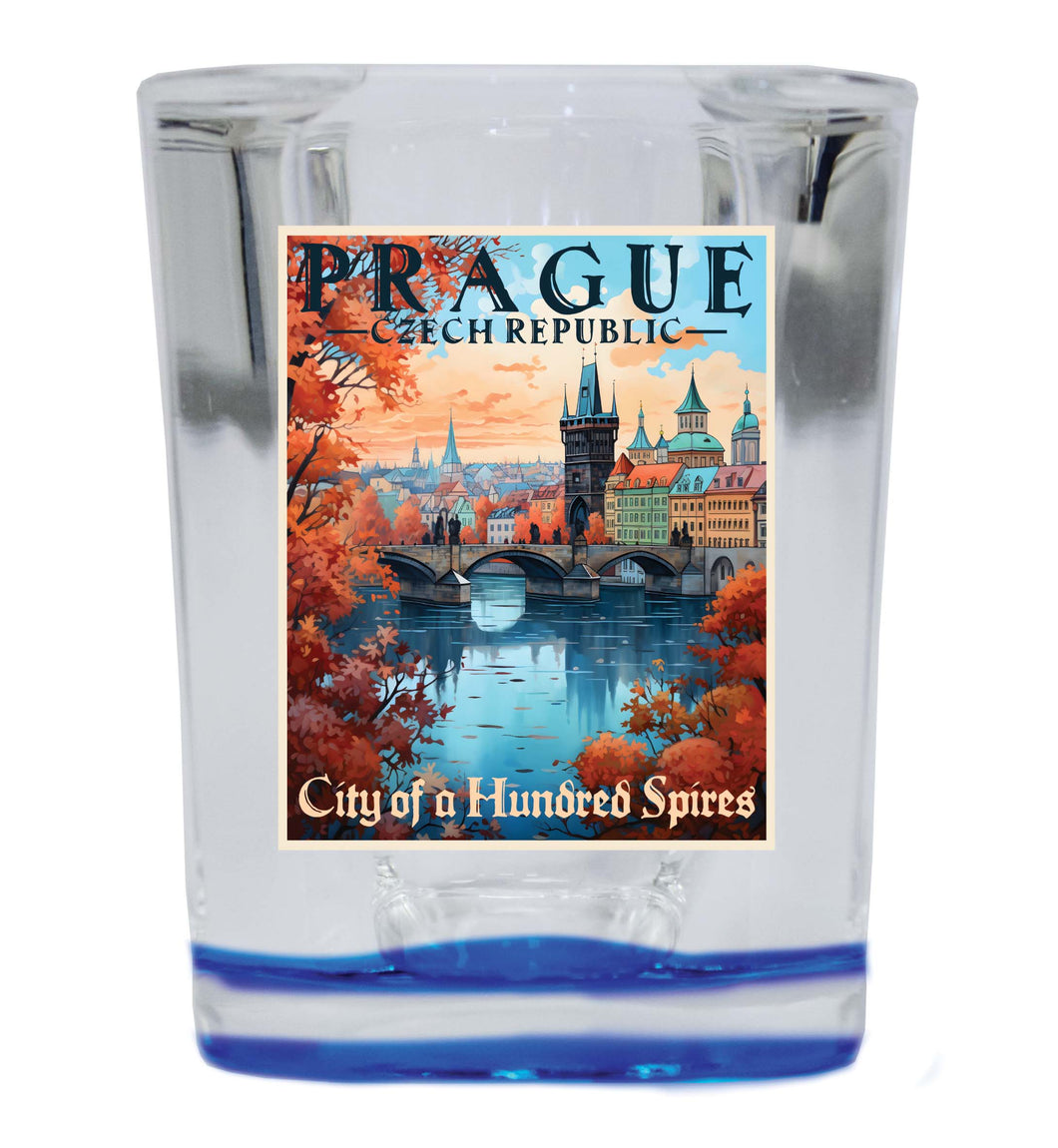 Prague Czech Republic Design A Souvenir 2 Ounce Shot Glass Square Blue Base 4-Pack