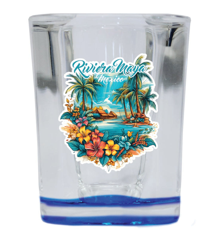 Riviera Maya Mexico Souvenir 2 oz Blue Shot Glass Round or Square Blue