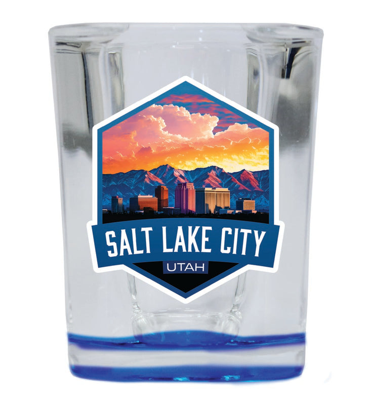Salt Lake City Utah Souvenir 2 oz Blue Shot Glass Round or Square Blue