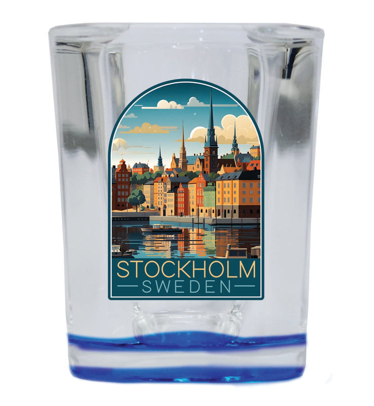 Stockholm Sweden Souvenir 2 oz Blue Shot Glass Round or Square Blue