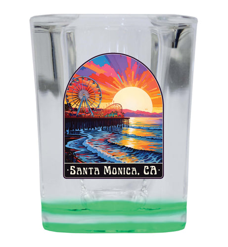Santa Monica California Design B Souvenir 2 Ounce Shot Glass Square Green Base 4-Pack