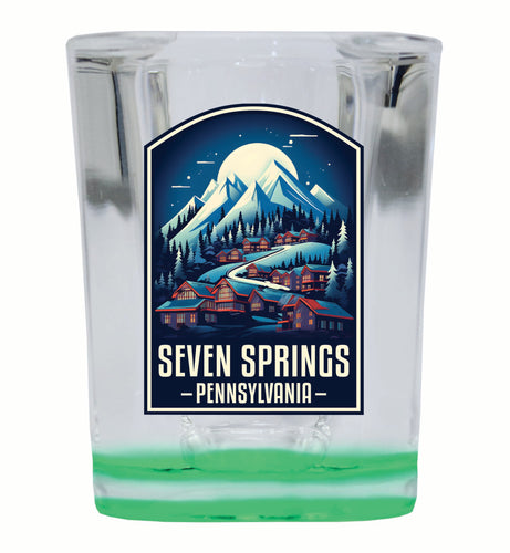 Seven Springs Pennsylvania Snowy Village Design Souvenir 2 Ounce Shot Glass Square Green Base Single