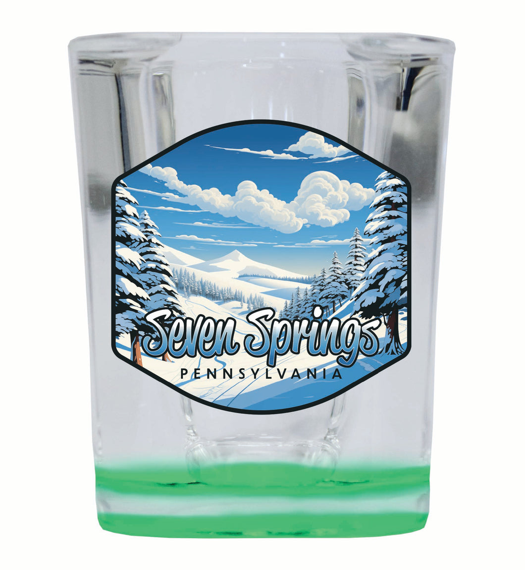 Seven Springs Pennsylvania Ski Slopes Design Souvenir 2 Ounce Shot Glass Square Green Base Single