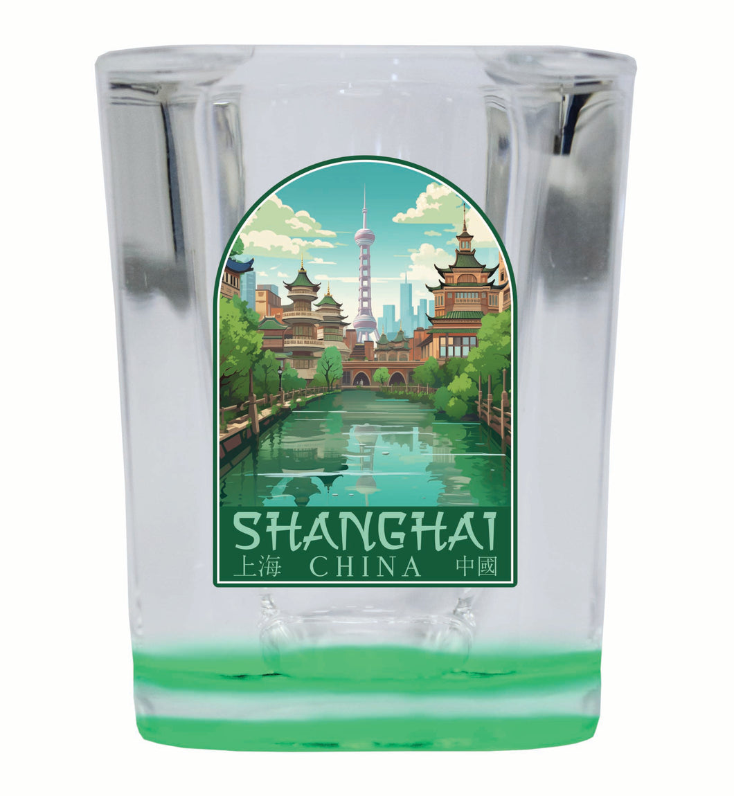 Shanghai China Old Town Design Souvenir 2 Ounce Shot Glass Square Green Base Single
