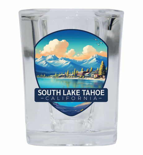 South Lake Tahoe Mountains over Lake Design Souvenir 2 Ounce Shot Glass Square 2-Pack