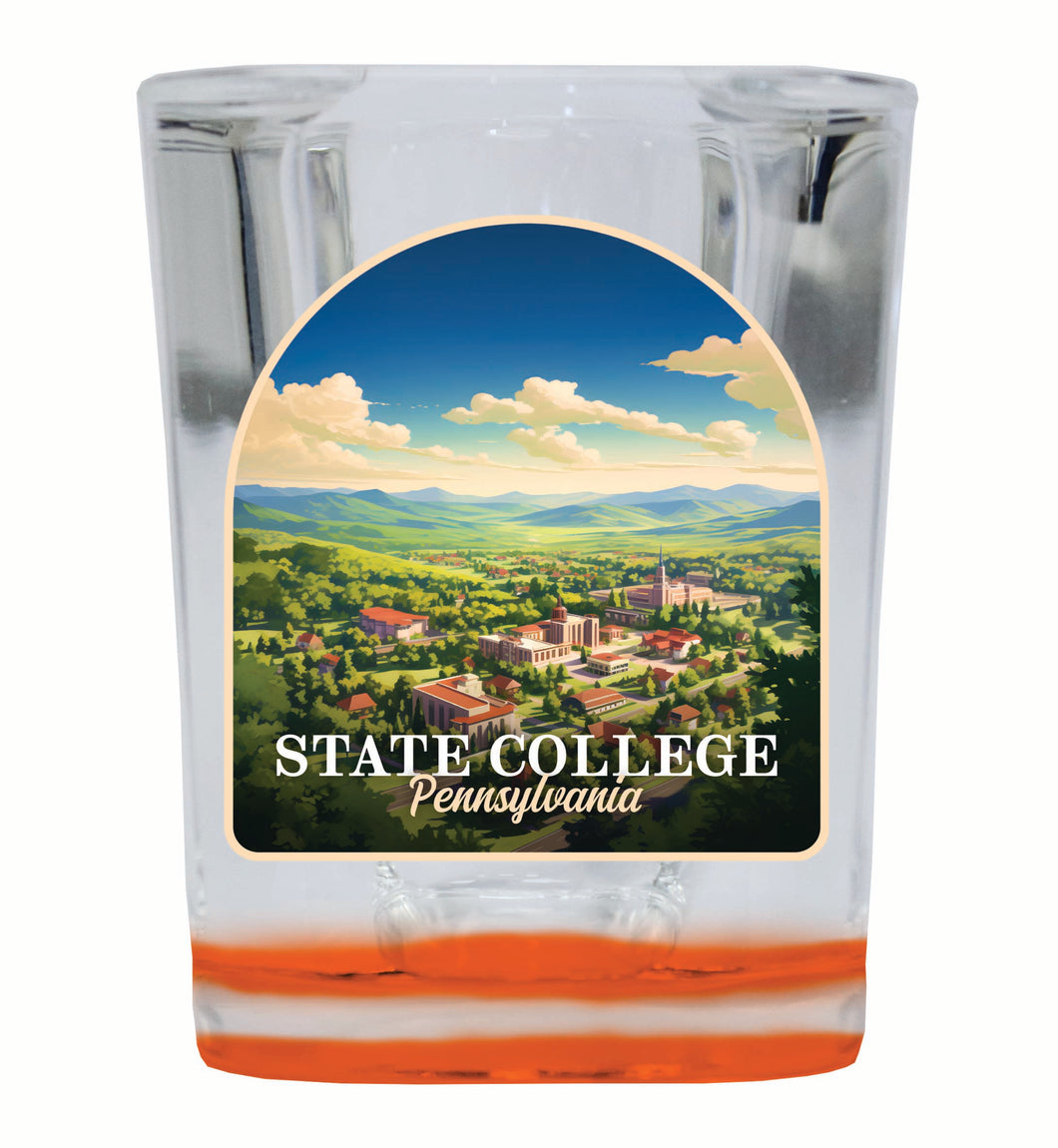 State College Pennsylvania Aerial Town Design Souvenir 2 Ounce Shot Glass Square Orange Base 2-Pack