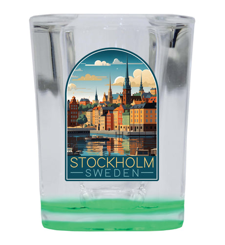 Stockholm Sweden Design A Souvenir 2 Ounce Shot Glass Square Green Base 4-Pack