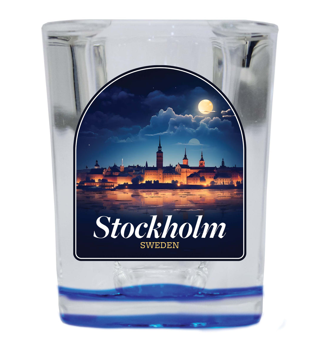Stockholm Sweden Design B Souvenir 2 Ounce Shot Glass Square Blue Base Single