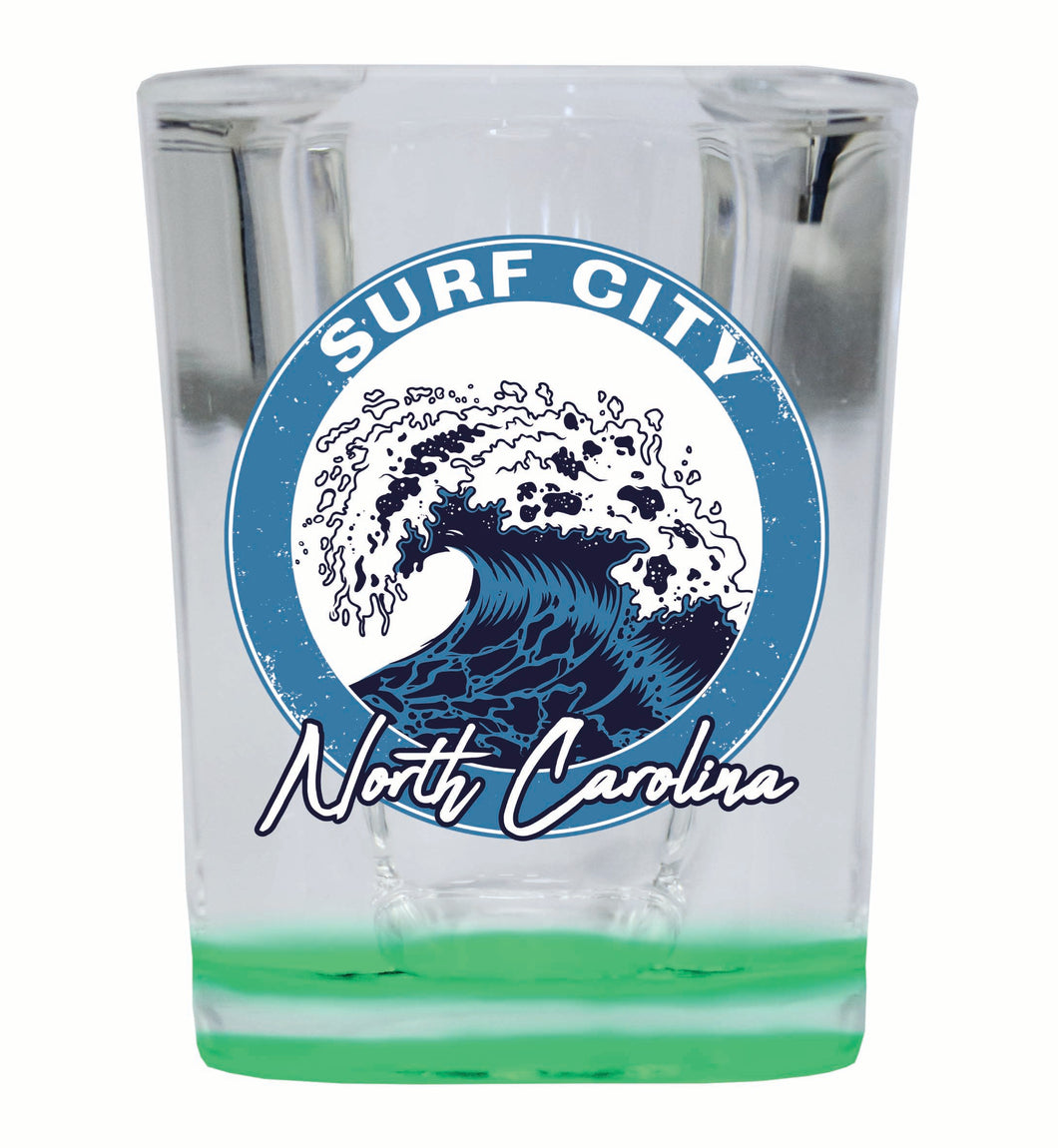 Surf City North Carolina Wave Design Souvenir 2 Ounce Shot Glass Square Green Base 2-Pack