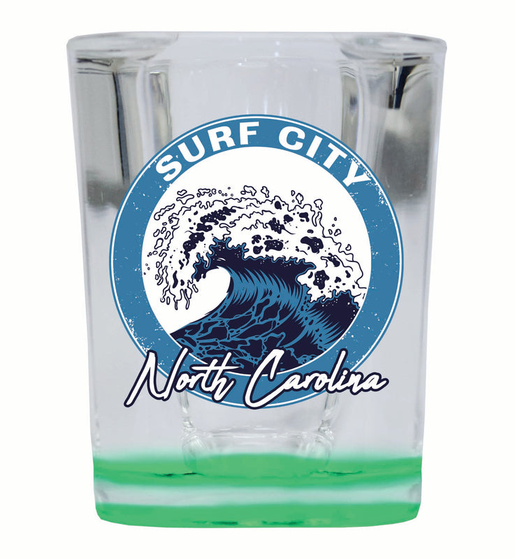 Surf City North Carolina Wave Design Souvenir 2 Ounce Shot Glass Square Green Base 2-Pack