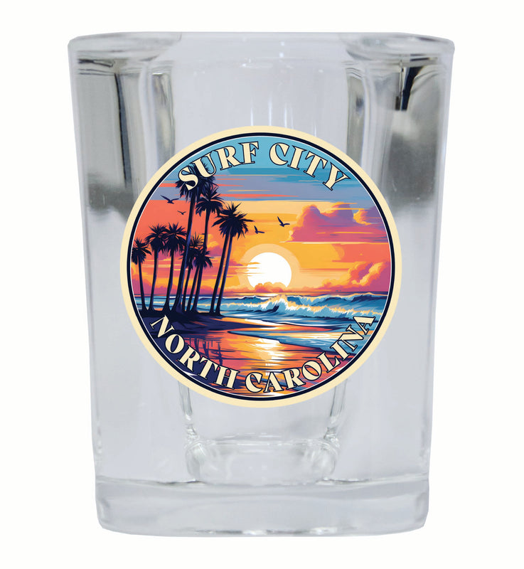 Surf City North Carolina Palm Sunset Design Souvenir 2 Ounce Shot Glass Square 2-Pack