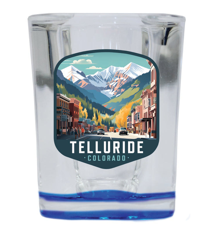 Telluride Colorado Souvenir 2 oz Blue Shot Glass Round or Square Blue