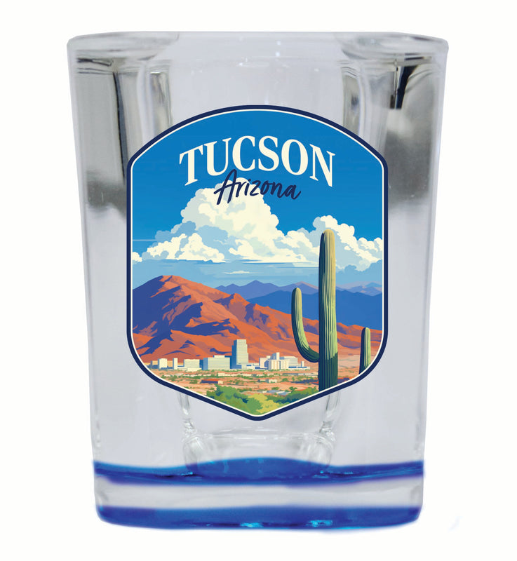 Tucson Arizona Desert Mountains Design Souvenir 2 Ounce Shot Glass Square Blue Base Single
