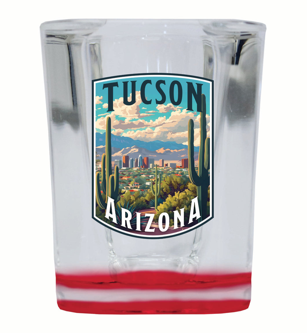 Tucson Arizona Cactus and Cityscape Design Souvenir 2 Ounce Shot Glass Square Red Base 2-Pack