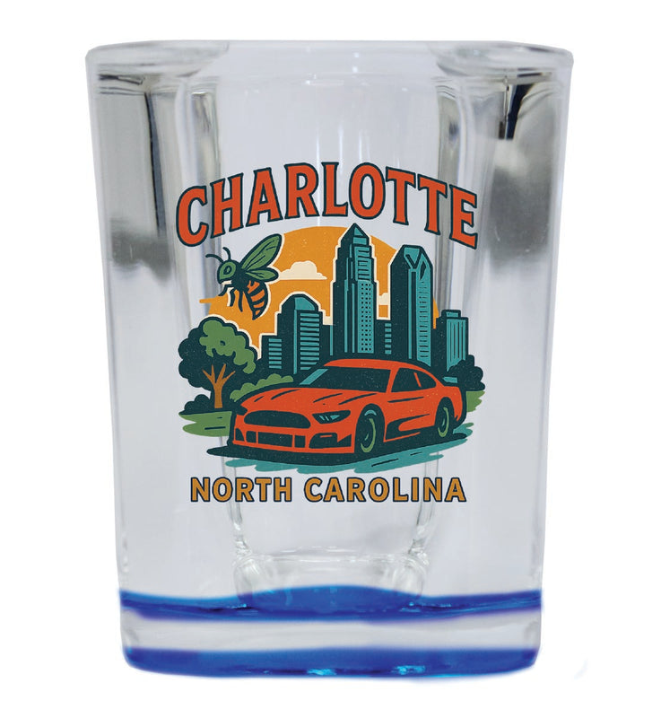Charlotte North Carolina Vintage Design Souvenir 2 Ounce Shot Glass Square Blue Base