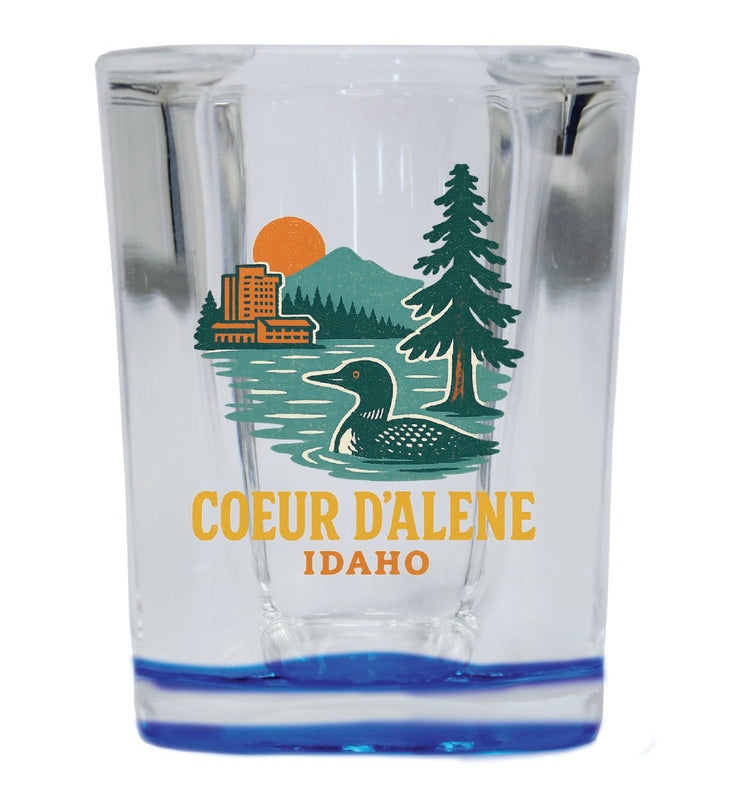 Coeur D'Alene Idaho Vintage Design Souvenir 2 Ounce Shot Glass Square Blue Base