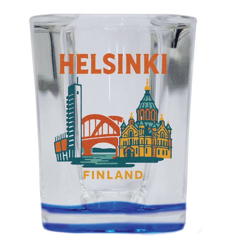 Helsinki Finland Vintage Design Souvenir 2 Ounce Shot Glass Square Blue Base