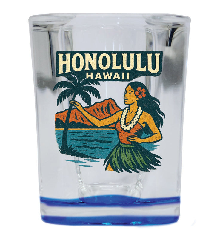Honolulu Hawaii Vintage Design Souvenir 2 Ounce Shot Glass Square Blue Base
