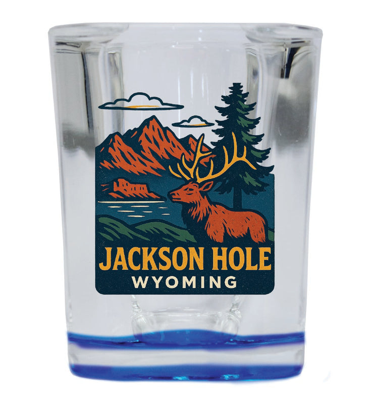 Jackson Hole Wyoming Vintage Design Souvenir 2 Ounce Shot Glass Square Blue Base