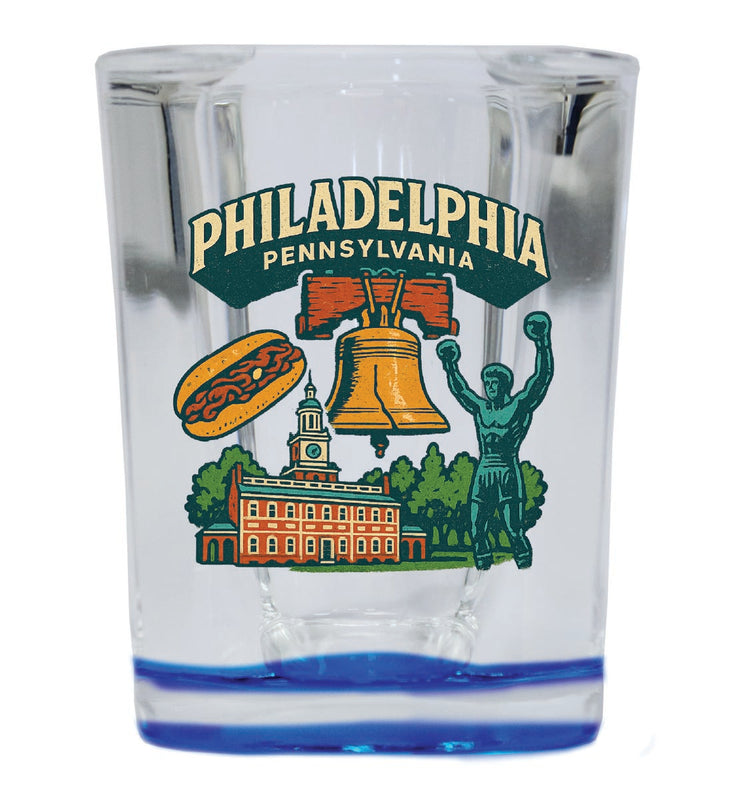 Philadelphia Pennsylvania Vintage Design Souvenir 2 Ounce Shot Glass Square Blue Base