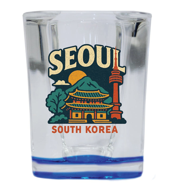 Seoul South Korea Vintage Design Souvenir 2 Ounce Shot Glass Square Blue Base