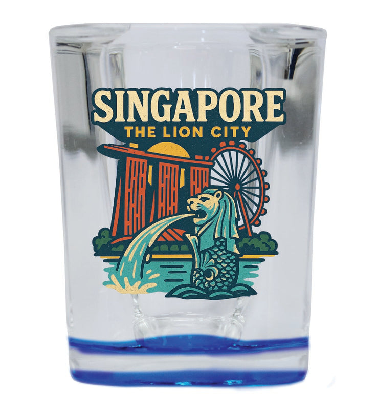 Singapore Vintage Design Souvenir 2 Ounce Shot Glass Square Blue Base