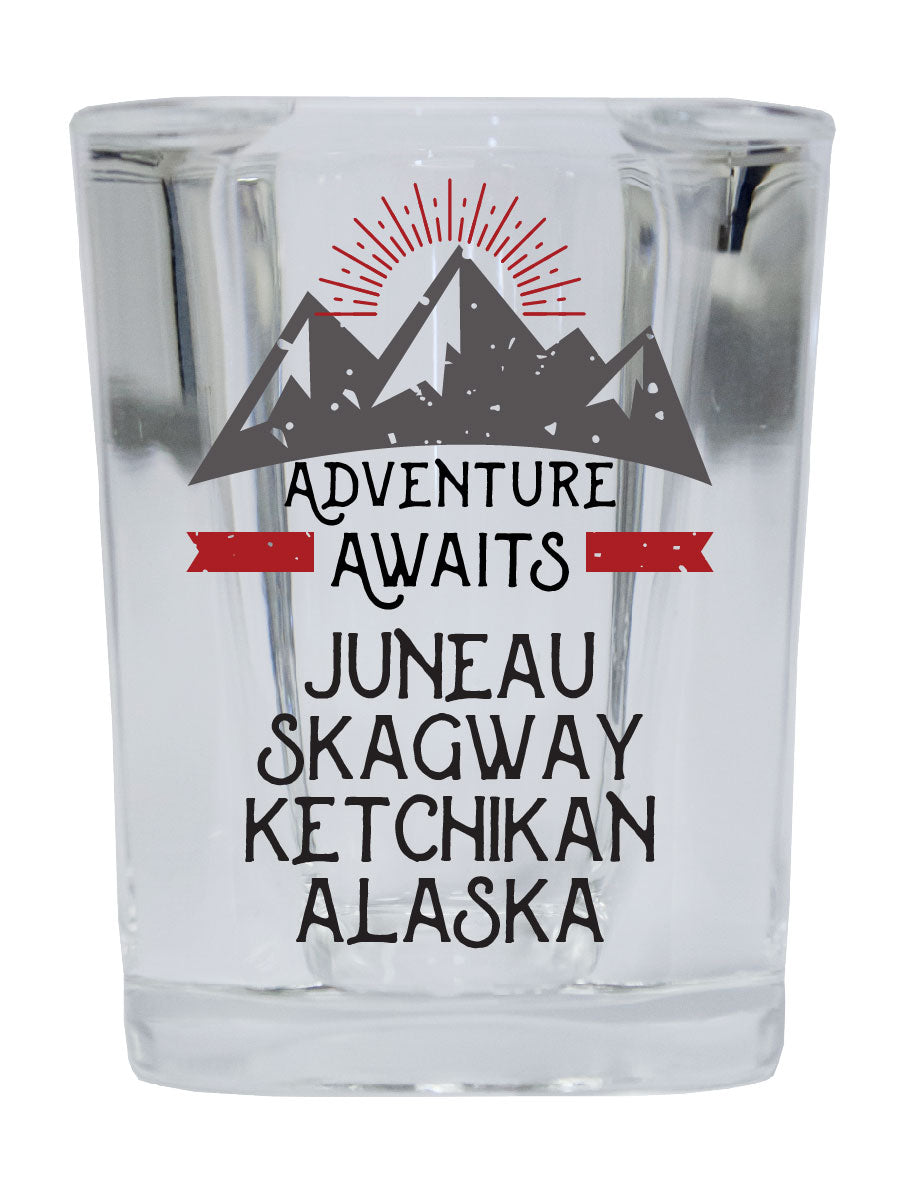 Juneau Skagway Ketchikan Alaska Souvenir 2 Ounce Square Base Liquor Shot Glass Adventure Awaits Design