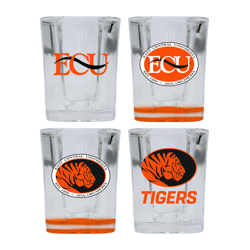 East Central University Tigers Set of 4 Shot Glasses with School Design, Officially Licensed Glassware 