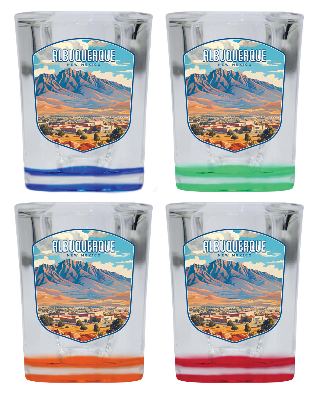 Alburqueque New Mexico Design A Souvenir 2 Ounce Shot Glass Square 4-Pack Multicolor
