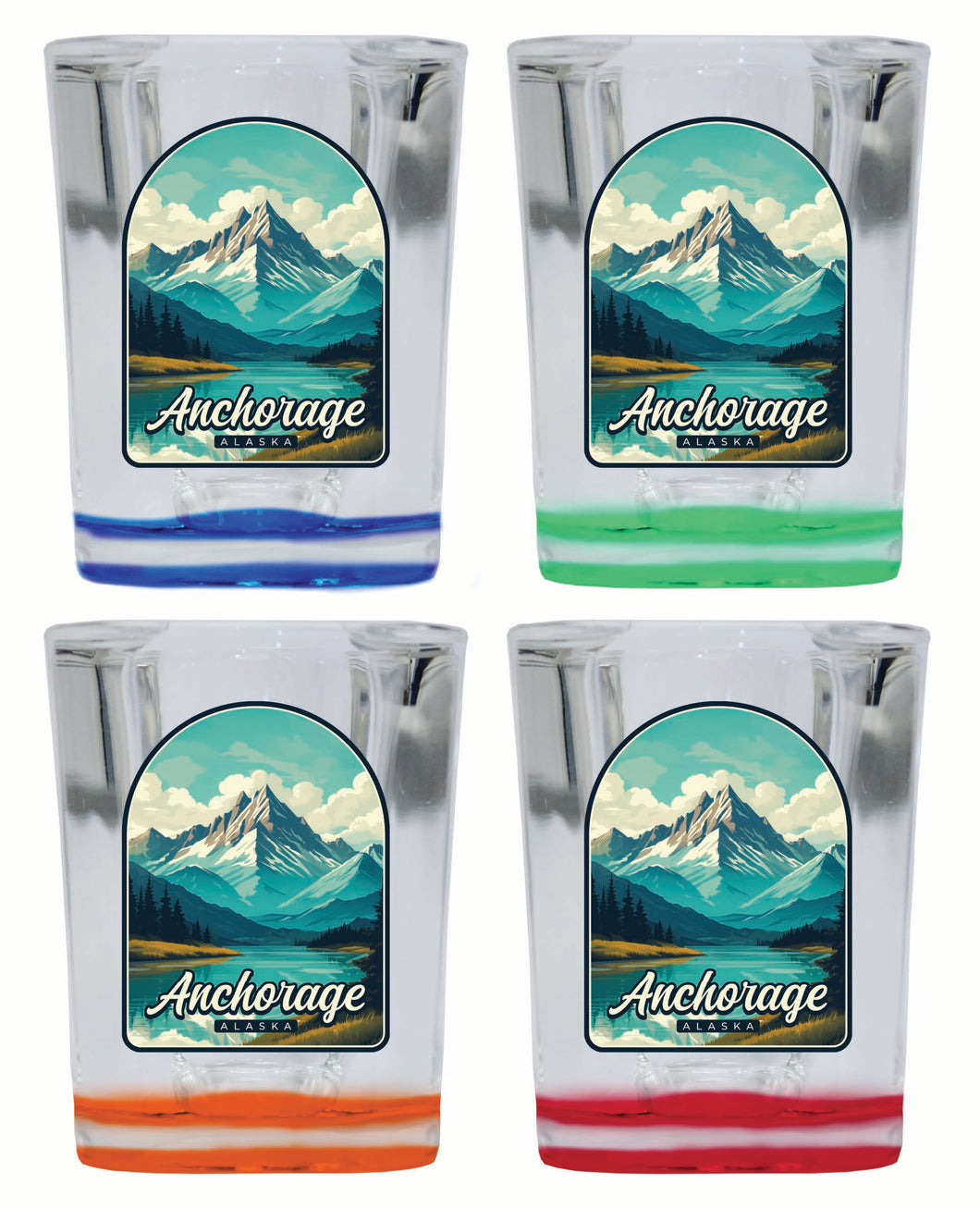 Anchorage Alaska Lake Mountain Design Souvenir 2 Ounce Shot Glass Square 4-Pack Multicolor 