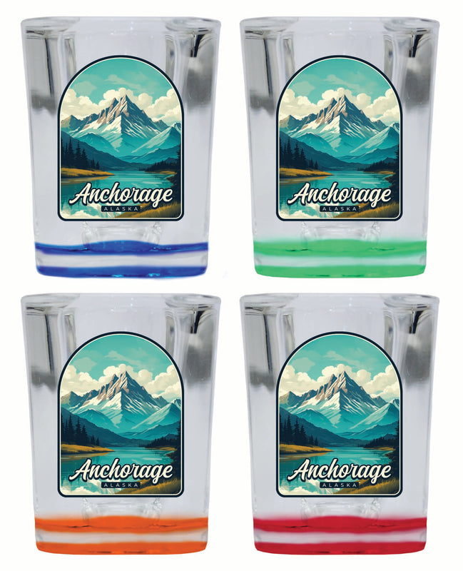 Anchorage Alaska Lake Mountain Design Souvenir 2 Ounce Shot Glass Square 4-Pack Multicolor 