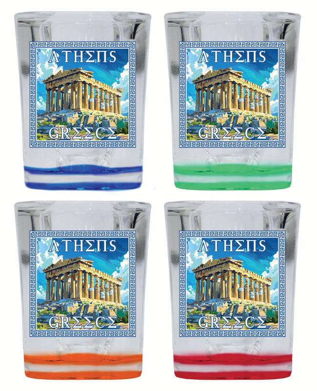 Athens Greece Acropolis in Meander Frame Design Souvenir 2 Ounce Shot Glass Square 4-Pack Multicolor 