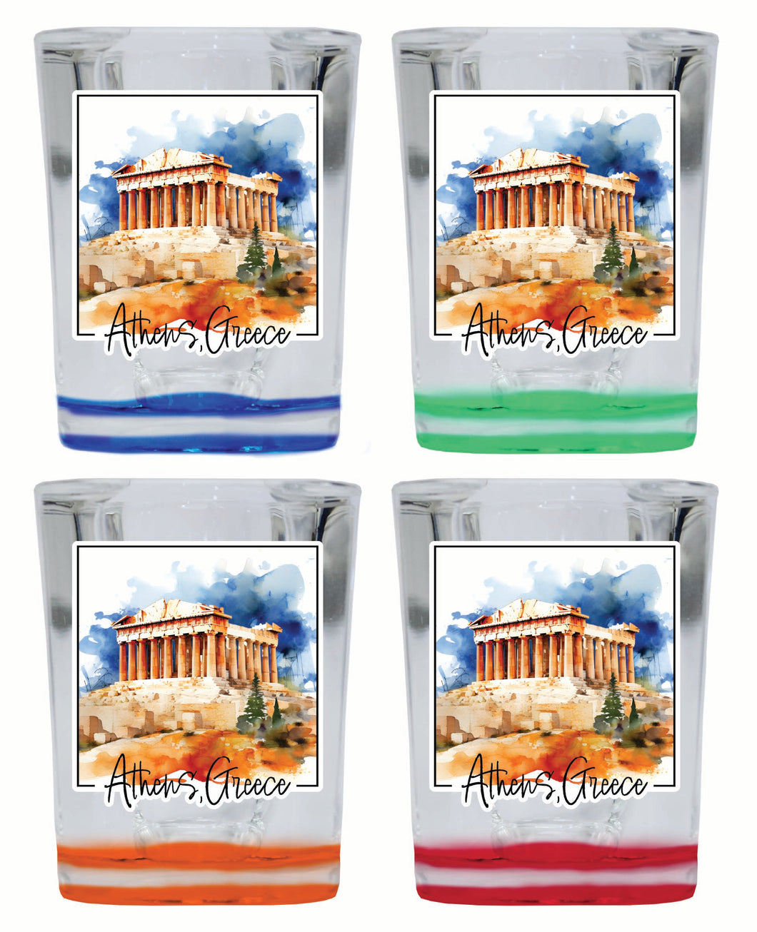 Athens Greece Watercolor Acropolis Design Souvenir 2 Ounce Shot Glass Square 4-Pack Multicolor 