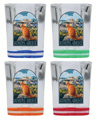 Athens Greece Cat Acropolis Design Souvenir 2 Ounce Shot Glass Square 4-Pack Multicolor 