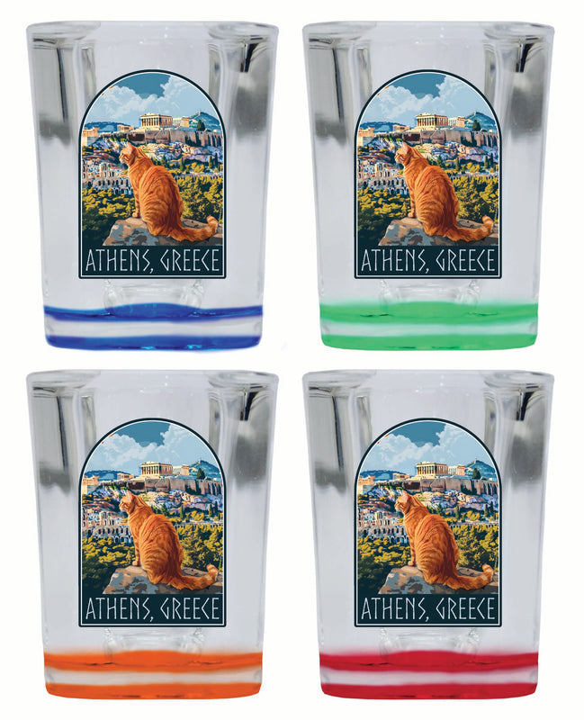 Athens Greece Cat Acropolis Design Souvenir 2 Ounce Shot Glass Square 4-Pack Multicolor 