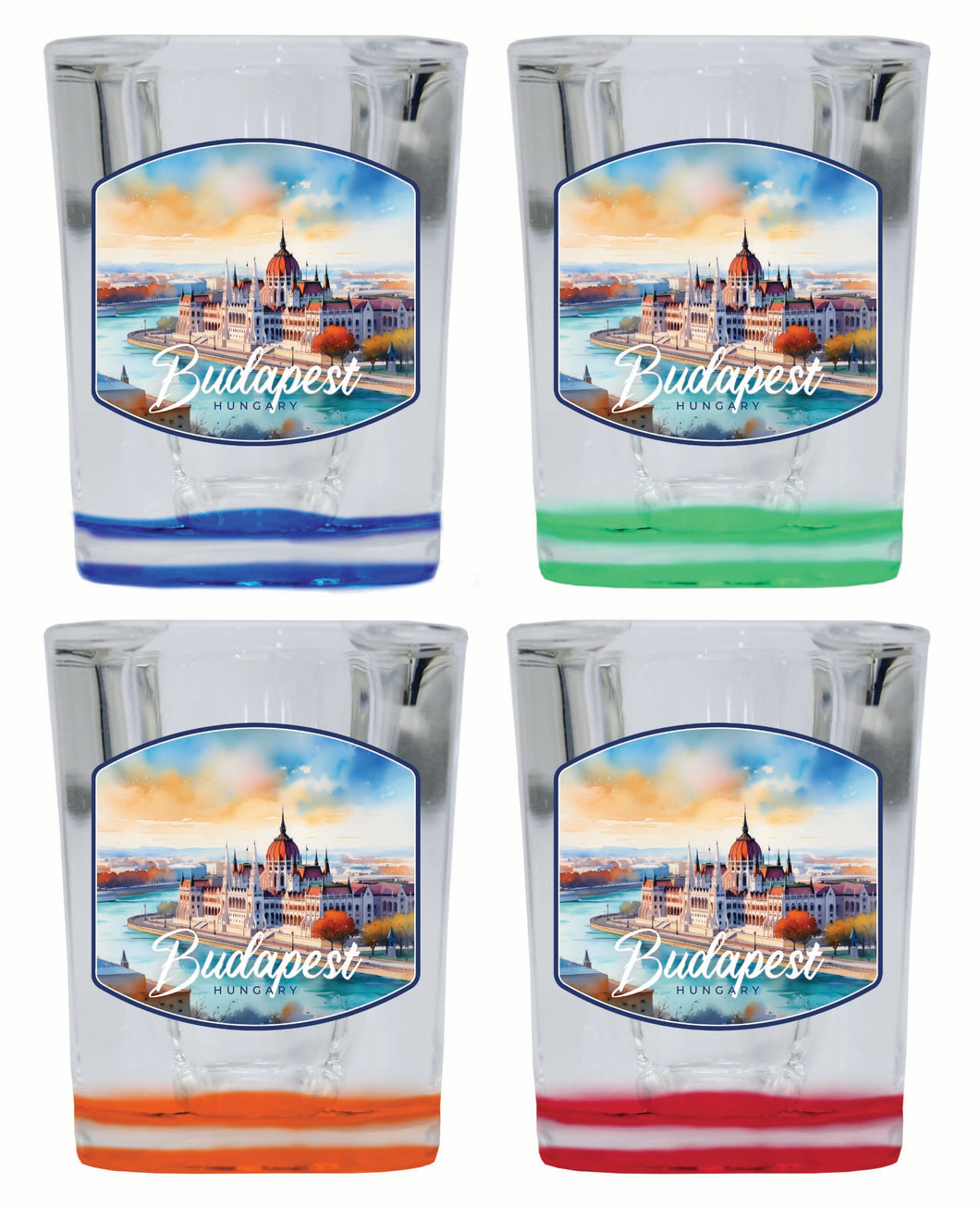 Budapest Hungary Watercolor Cityscape Design Souvenir 2 Ounce Shot Glass Square 4-Pack Multicolor 
