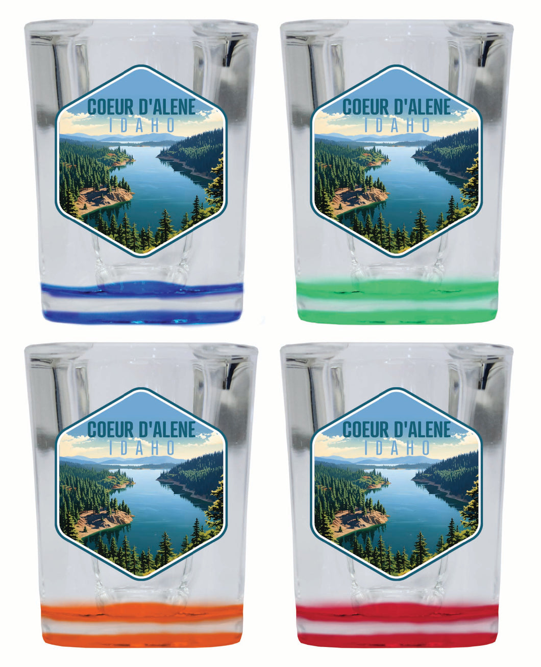 Coeur D'Alene Idaho Aerial Lake Design Souvenir 2 Ounce Shot Glass Square 4-Pack Multicolor 